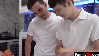 Stepdad Joins Teen Stepsons for Raw Kitchen Threesome