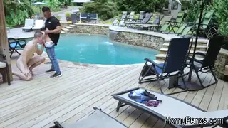 Uniformed Guard Takes a Muscular Trespasser Poolside