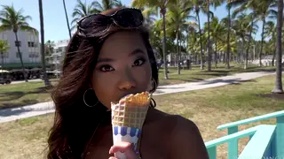 Inked Brunette Gives Deep Blowjob Outdoors on Beach