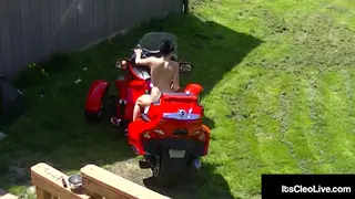 Inked Cam Girl Rides Cycle and Vibrating Toy Outdoors