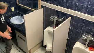Hairy Asian Bear Pisses and Strokes at Public Urinal
