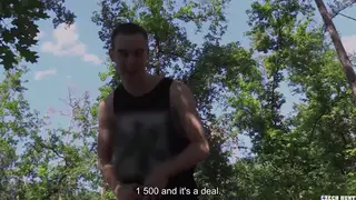 Hairy European Stud Pounds Stranger Bareback in Forest