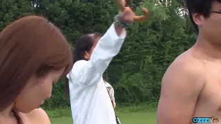 Busty and Petite Women Share Two Cocks in Outdoor Orgy