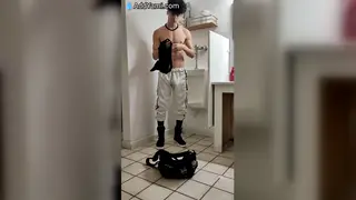 Muscular Student Strips Naked in Gym and Strokes Huge Cock