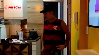 Latino Teen Tastes Roommate and Plays With Toy in Bathroom