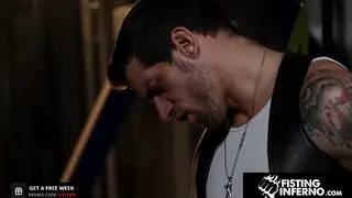 Tattooed Studs Stretch Bound Bottom with Fists and Raw Cocks