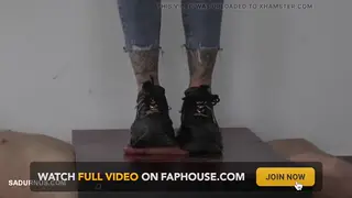 Dominant Brunette MILF Commands Interracial Foot Worship