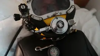 Rubber Enthusiast Locked in Neoprene Suit with Dive Helmet