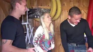Blonde European MILF Shares Neighbor in Outdoor Threesome