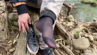 Domina Teases Sweaty Nylon Soles in Forest POV