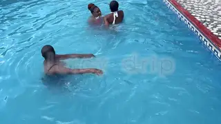 Ebony Babe Rides Poolside Under the Sun
