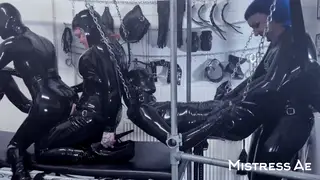 Latex Lesbians Peg and Lick in Bisexual Orgy