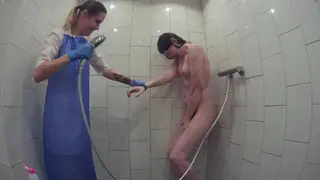 Blonde Domme Humiliates Patient in Hospital Shower
