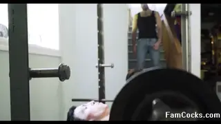 Stepdad Guides Teen Student Through Gym Bareback Session