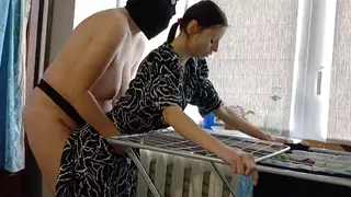 Curvy Neighbors Share Strap-On Passion by the Laundry