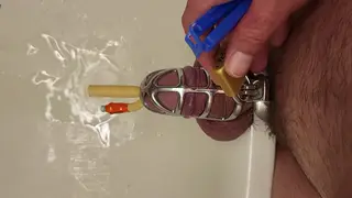 Hairy Bear Pisses Through Catheter While Locked in Chastity