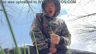 European Teen Strokes Big Cock Outdoors to Huge Cumshot
