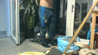 Muscular Handyman Strokes Uncut Cock in Outdoor Shower