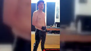 Teen in Shiny Pants Jerks to a Sticky Finish