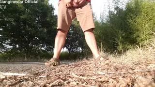 Hairy Bear Pisses Outdoors on European Road