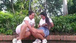 Latina Lesbian Pair Pleasure Each Other Outdoors Near Exercisers