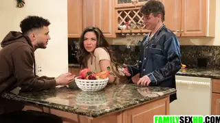 Brunette Stepsister Takes Two Stepbrothers Deep in Rough Threesome