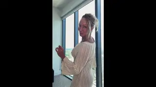Blonde Bombshell Models Sheer Lingerie Before Touching Herself
