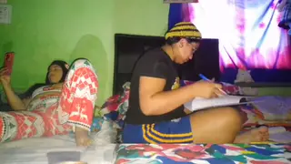 Petite Student Fingers Herself Beside Busy Stepsister