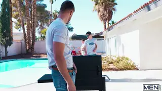 Mature Men Flip-Fuck Bareback from Poolside to Couch with Facial Finish