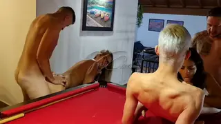 Latina Wives Share Cocks at Pool Table
