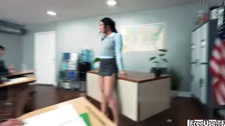 Busty Brunettes Share Teacher in Classroom Threesome