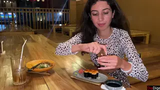 Petite Waitress Takes Facial Before Eating at Sushi Bar
