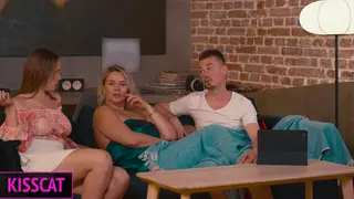 Busty Stepmom and Stepdaughter Share a Stiff Cock in a Threesome