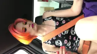 Skinny Tourist Flashes Pierced Nipples Beside the Car