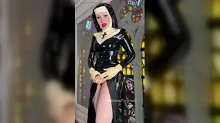 European Domme in Latex Nun Uniform Pegs Submissive Partner