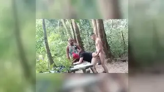 Latino Bottom Takes Two Tops Bareback in Outdoor Group Session