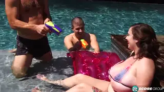 Brunette Handles Double Penetration at Pool Party