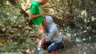 Three Men Share Deep Throat Action in the Open