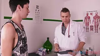Young Patient Examined by Older Doctor in Uniform