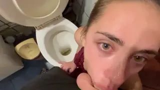Blonde European Teen Gives Deepthroat in Bathroom