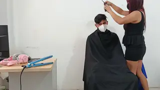 Curvy Latina in Lingerie Services a Client at the Salon