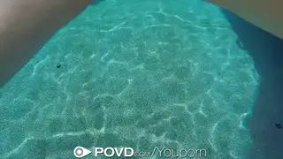 Petite Brunette Rides Fat Cock Poolside in POV
