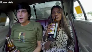 Petite Brunette Rides Stranger in Car While Boyfriend Waits