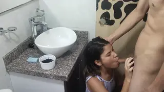 Petite Latina Stepsister Sucks Cock in the Shower