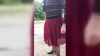 Crossdresser Flashes Stockings and Skirt in Public Woods