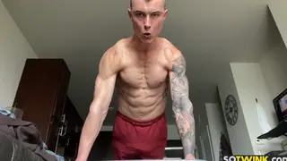 Tattooed Muscular Teen Strokes Big Dick Solo on Camera
