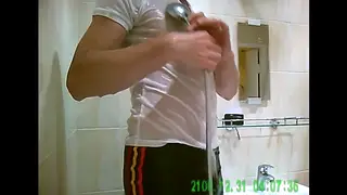 European Guy Strokes Slowly in Bathroom Solo