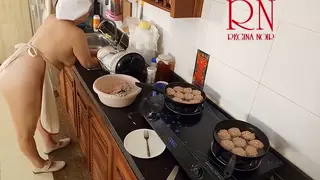 Naked Maid Prepares a Meal While Her Husband Watches Nearby