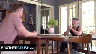 Muscular Stepbrothers Share A First Time Blowjob