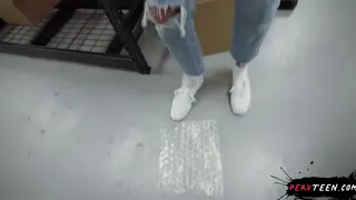 Blonde Coworker Caught Riding Desk in Warehouse